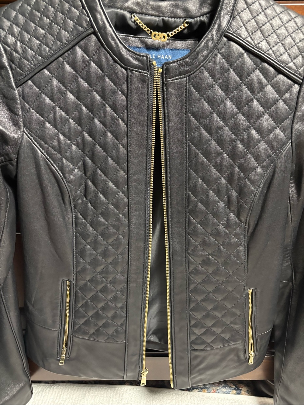 Cole Haan Black Quilted Leather Jacket with Gold Zippers